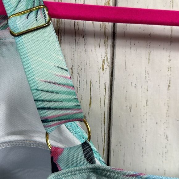 Fit 4 U Womens Plus Floral Print Mesh Splicing Blue Green One Piece Swimsuit - Picture 12 of 15